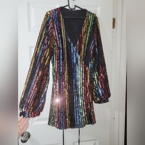 Rainbow Sequin Blouson Sleeve Wrap Dress fits size 8 - 12